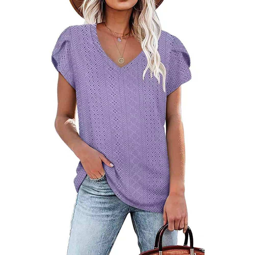 Women's Solid Color V-neck Tile Sleeve Loose Blouses