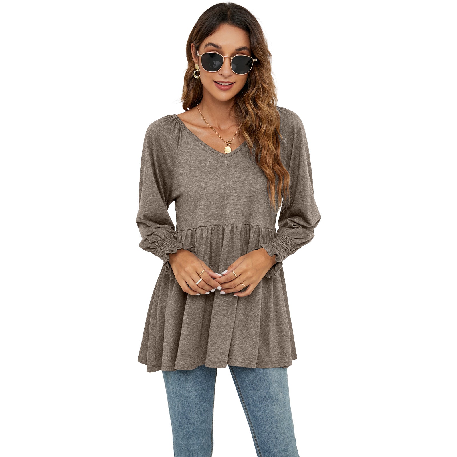 Women's V-neck Bubble Long Sleeve Waist T-shirt Tops