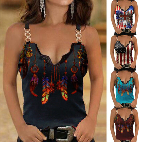 Women's Multi-color Printed Sleeveless V-neck Temperament Slimming Blouses