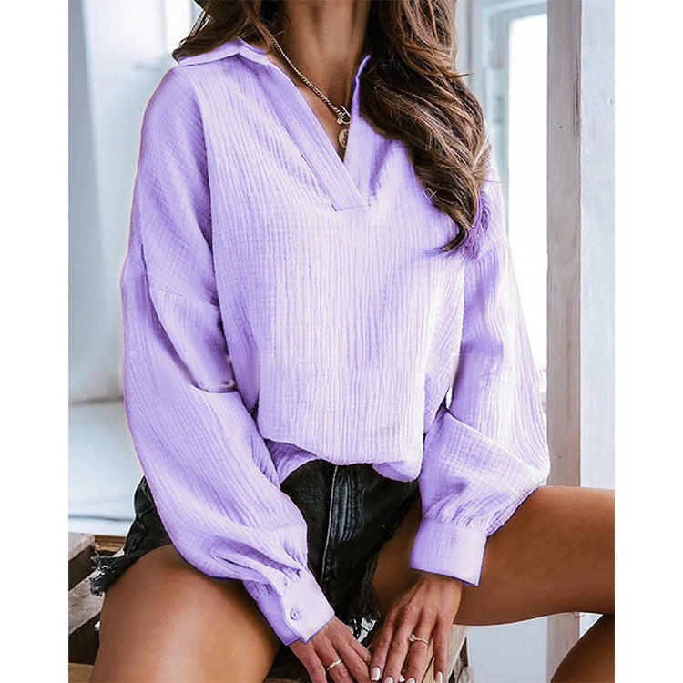 Women's Lapel Lantern Long Sleeve Solid Color Blouses