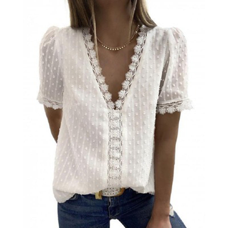 Deep V-neck Embroidered Ruffled Sleeves Front Blouses