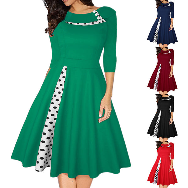 Women's Polka Dot Stitching Hepburn Retro Lapels Dresses