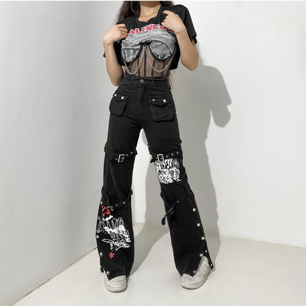 Fashion Cool Early Autumn Design Printed Metal Buckle Jeans