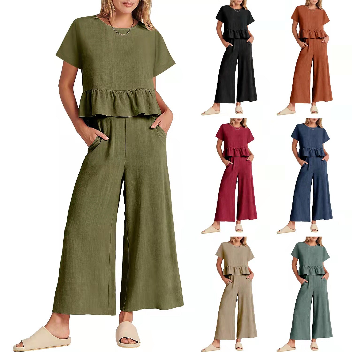 Women's Summer Sleeve Pleated Sleeves Wide Leg Suits