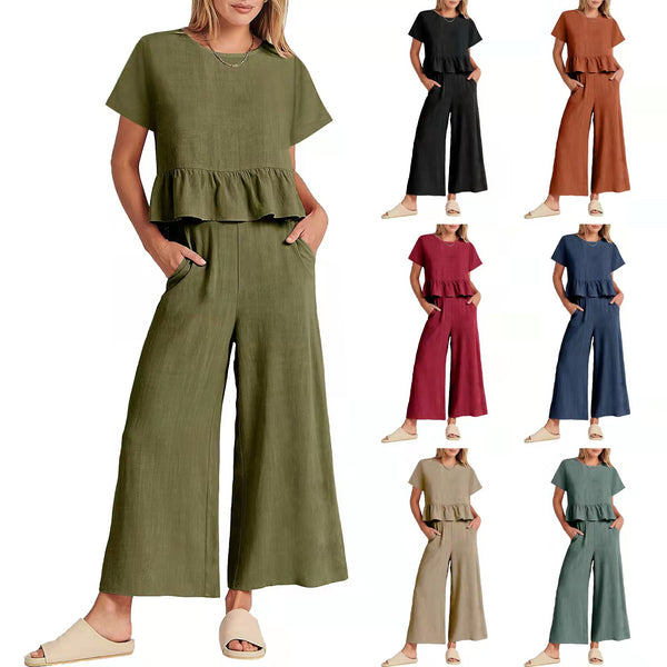 Women's Summer Sleeve Pleated Sleeves Wide Leg Suits