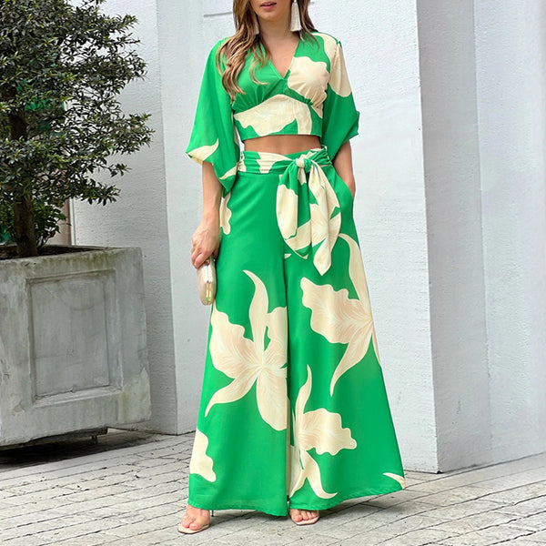 Women's Printed V-neck Lantern Sleeve High Waist Suits