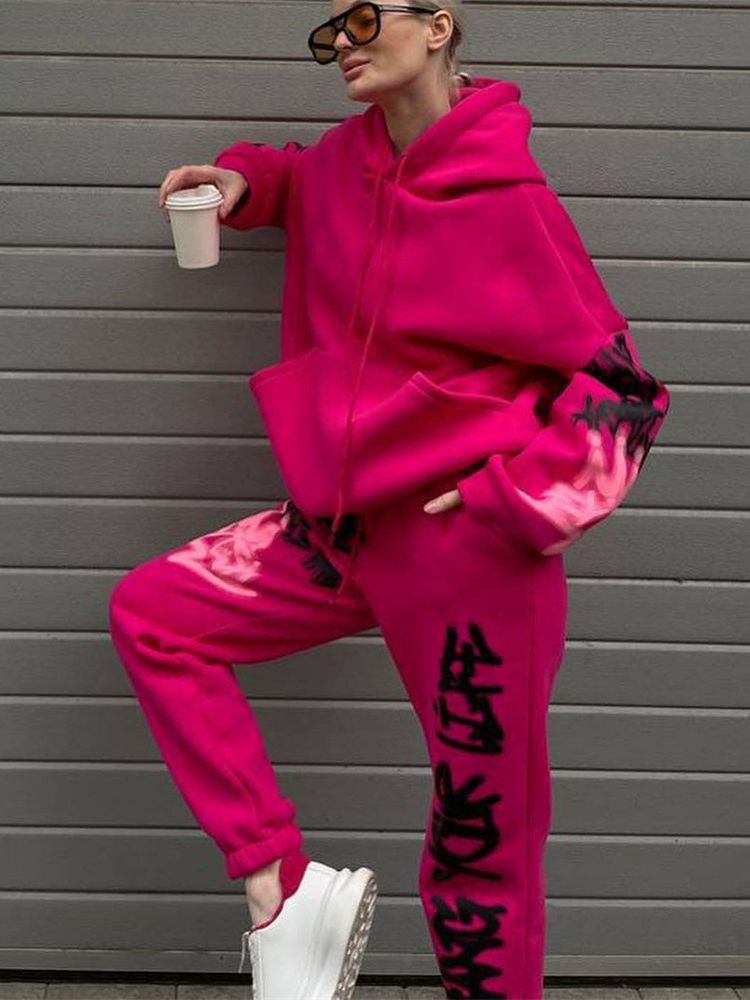 Women's Basic Street Graffiti Printing Hoodie Trousers Suits