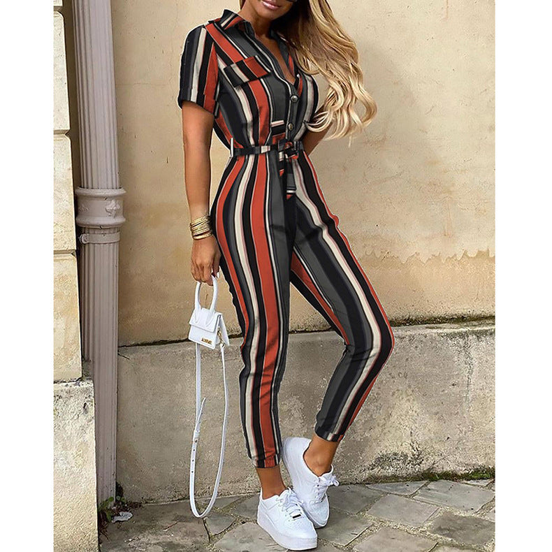 Women's Summer Casual Polo Collar Printed Belt Pants