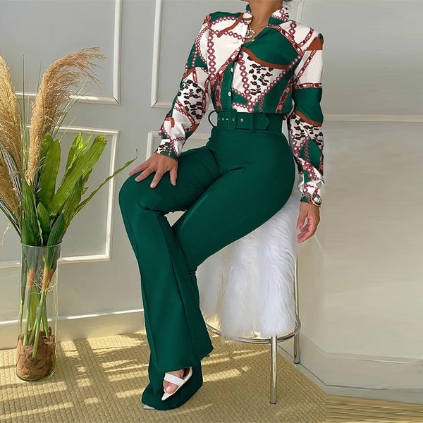 Women's Casual Printed Collar Long Sleeve Shirt Wide Leg Suits