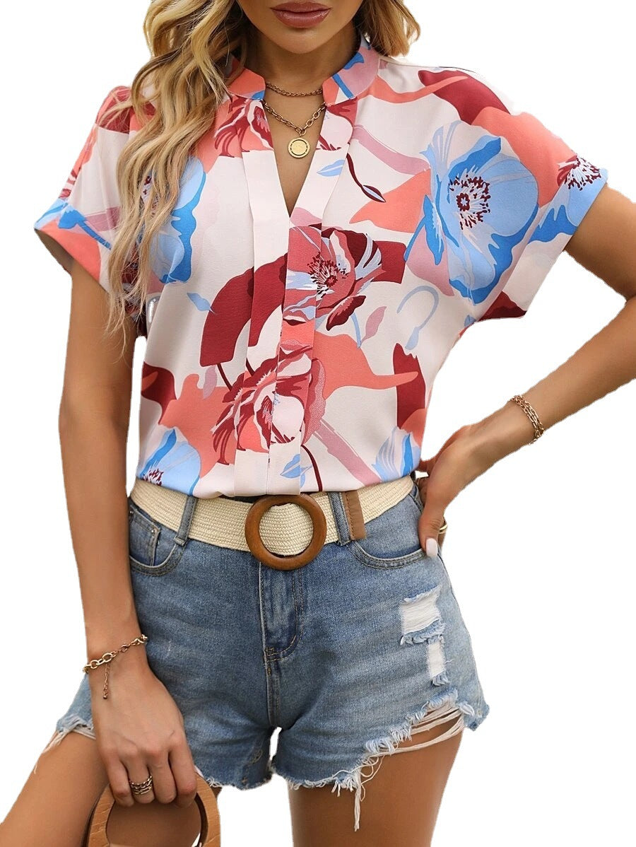 Women's Summer Painted Color Printing V-neck Short-sleeved Blouses