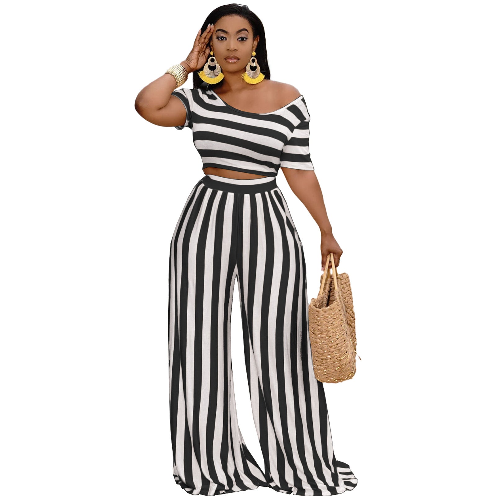 Slouchy Cool Navel Striped Wide-leg Two-piece Suits