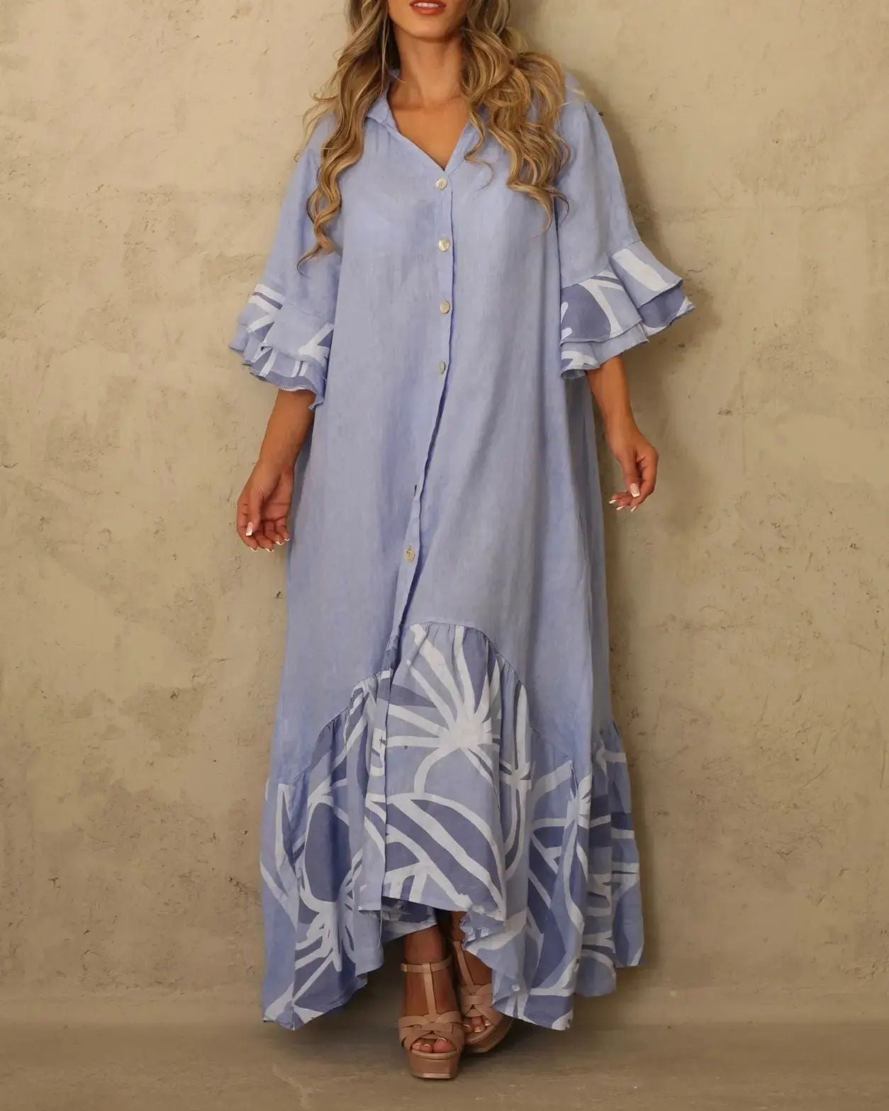 Stitching 7-point Sleeve Ruffled Long Shirt Dresses