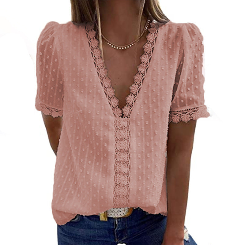 Deep V-neck Embroidered Ruffled Sleeves Front Blouses