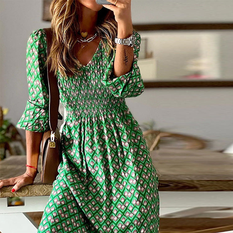 Women's Fashion Long Dress Green Printing Stitching Dresses