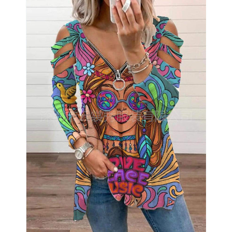 Women's Printed Hollow-out Long-sleeved Pullover Zipper V-neck Blouses