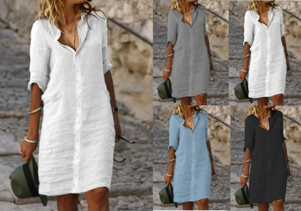 Lapels Button Half Sleeve Solid Color Cotton Dresses