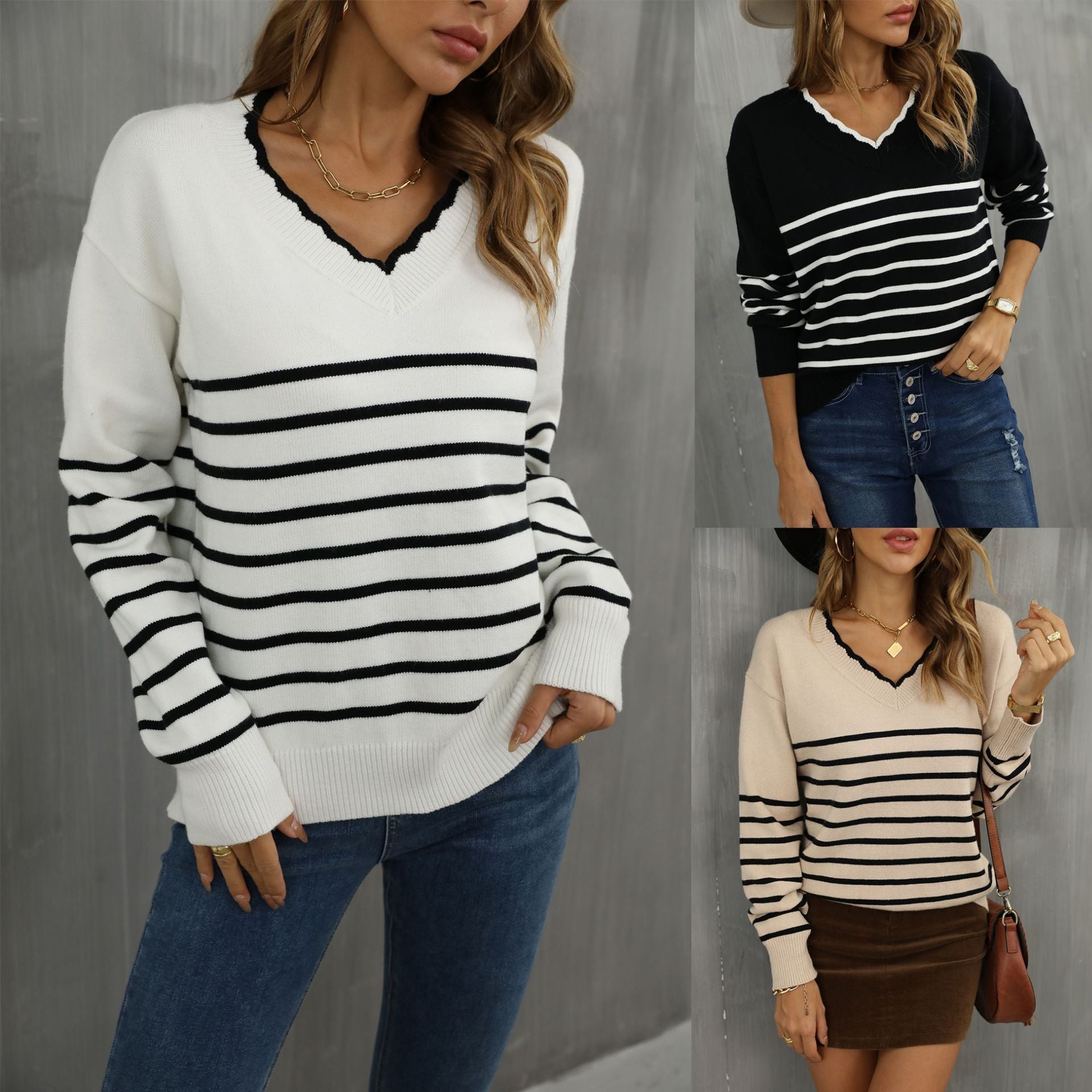 Fashion Women's Pullover Shirt V-neck Striped Sweaters