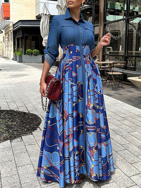 Women's Fashion Casual Denim Stitching Printing Long Dresses