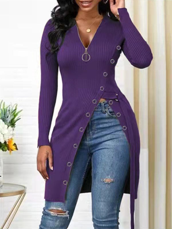 Women's V-neck Long Sleeve High Zipper T-shirt Blouses