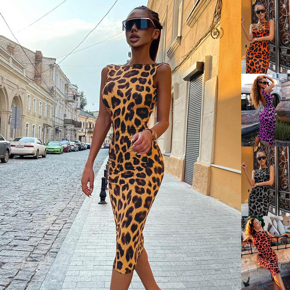 Temperament Leopard Print Backless Midi Inner Dresses