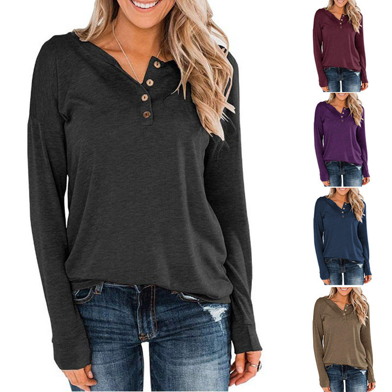 Women's Solid Color Long-sleeved Round Neck Pullover Blouses