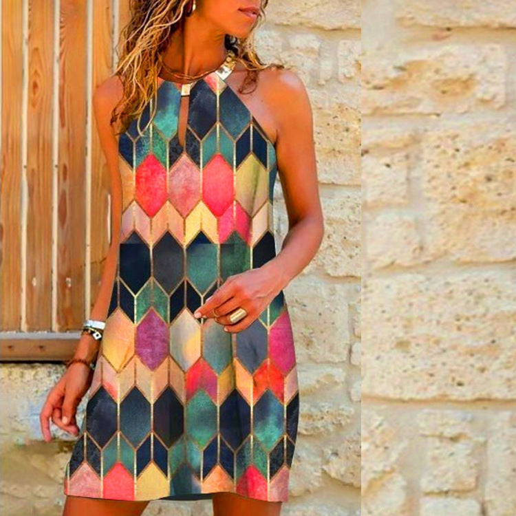 Women's Summer Mid-length Halter Plaid Dress Dresses