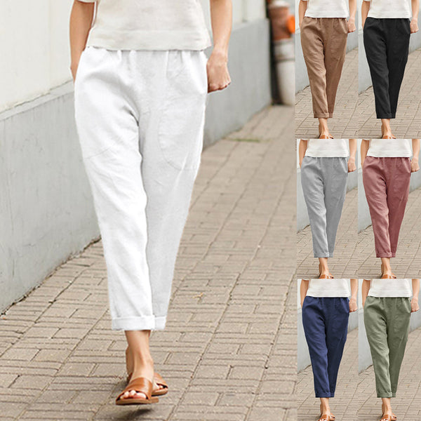 Pantalon décontracté en coton et lin à grande poche pour femmes