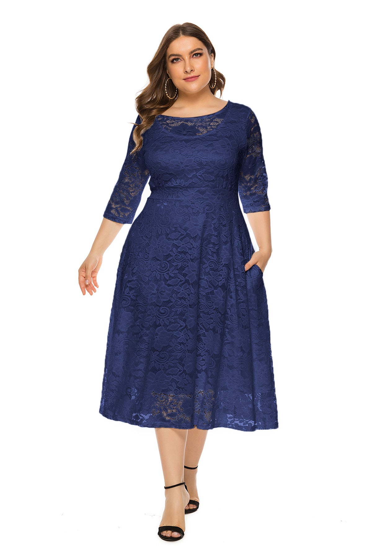 Pretty Midi Hollow Lace Pocket Dress Plus Size