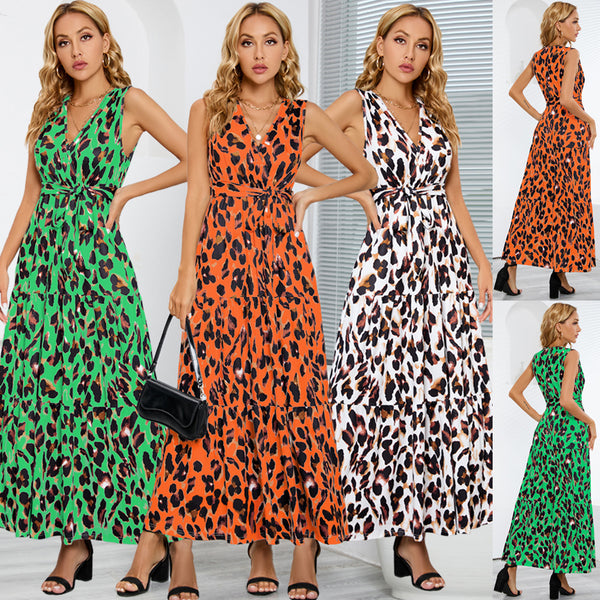 Women's V-neck Leopard Print Slimming Lace-up Cocktail Dresses