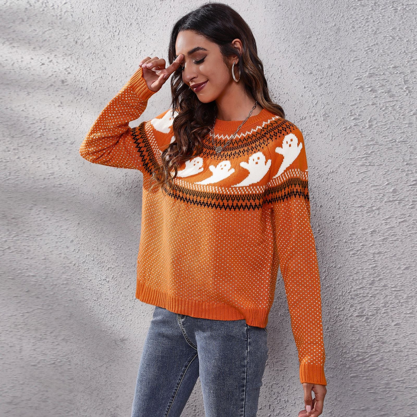 Damen Halloween Ghost Retro Dots Langarm-Strickpullover