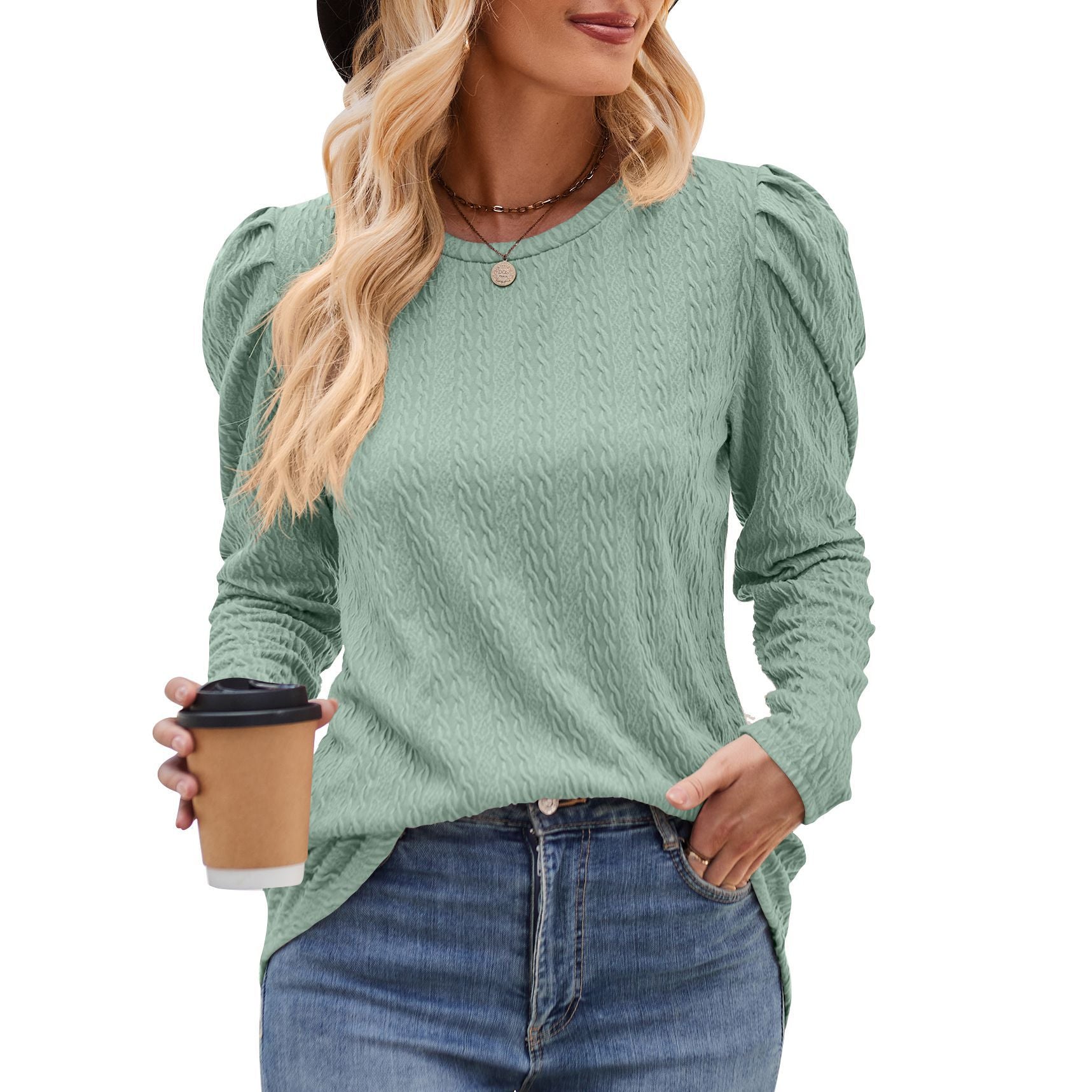 Women's Sleeve Knitted Jacquard Solid Color Long Blouses