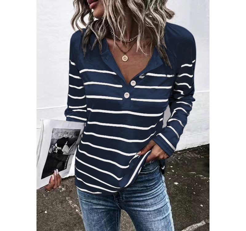 Women's Striped Round Neck Button Casual Loose Long Sleeve Blouses