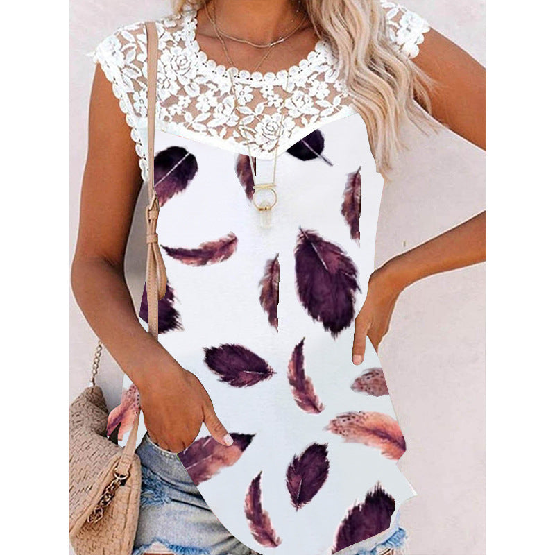 Women's Summer Printed Round Neck Lace Casual Loose Colored Vests