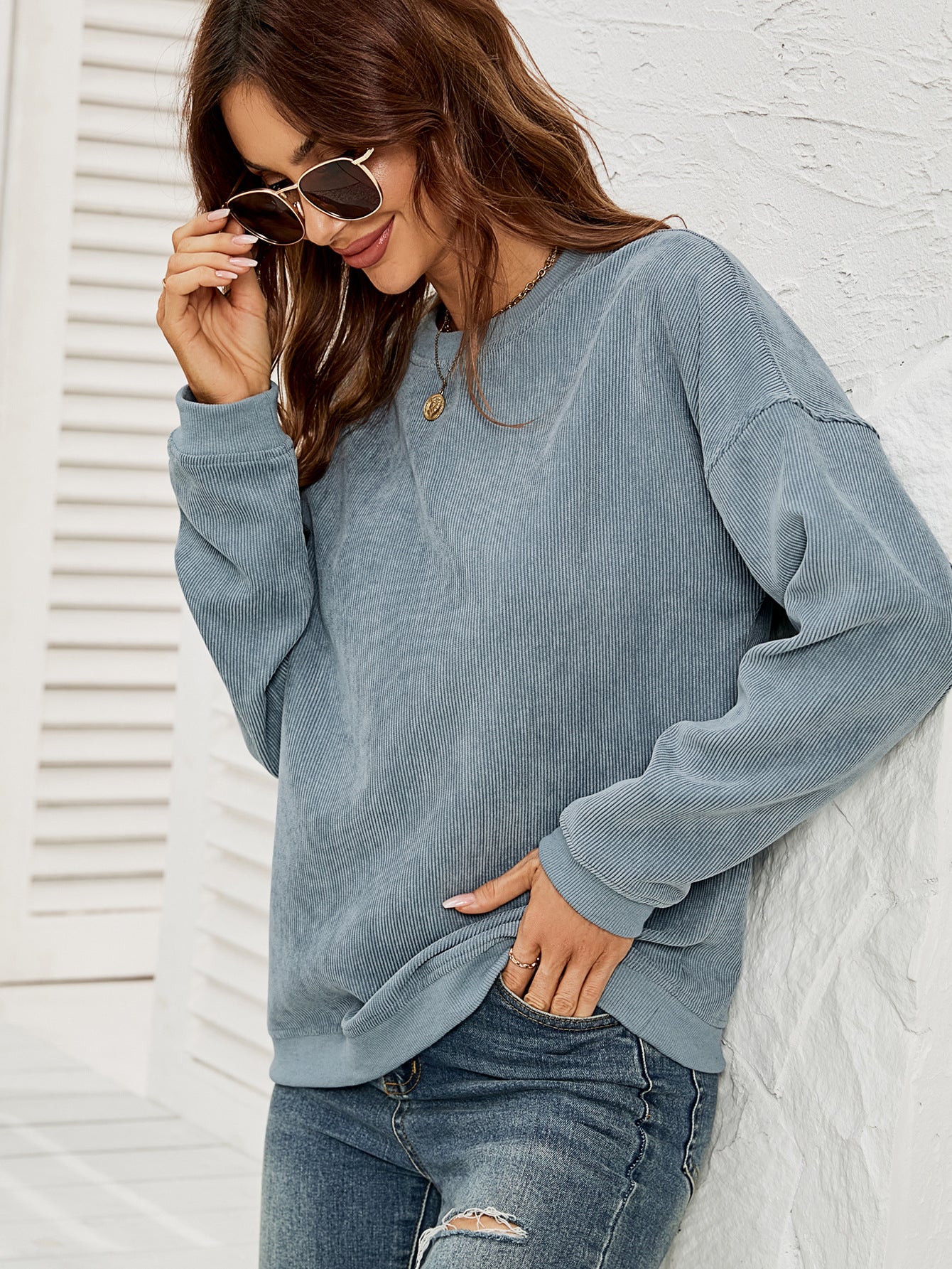 Women's Corduroy Casual Round Neck Pullover Long-sleeved Sweaters