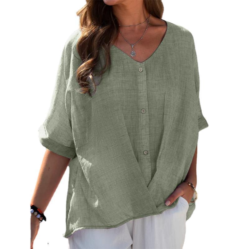 Women's Cotton Linen V-neck Pullover Sleeve Loose Tops