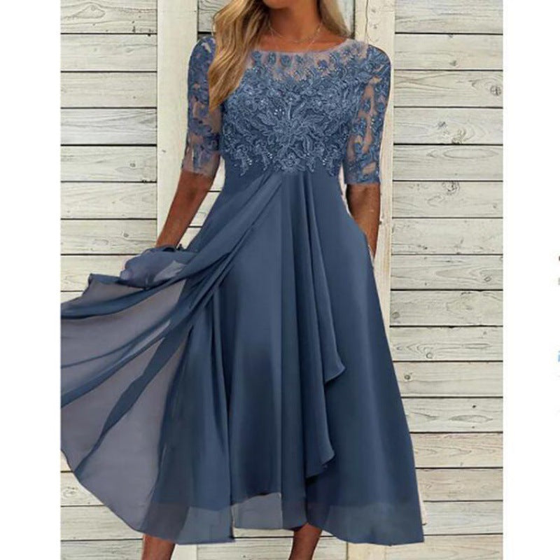 Women's Chiffon Stitching Lace Hollow-out Long Bridesmaid Dresses