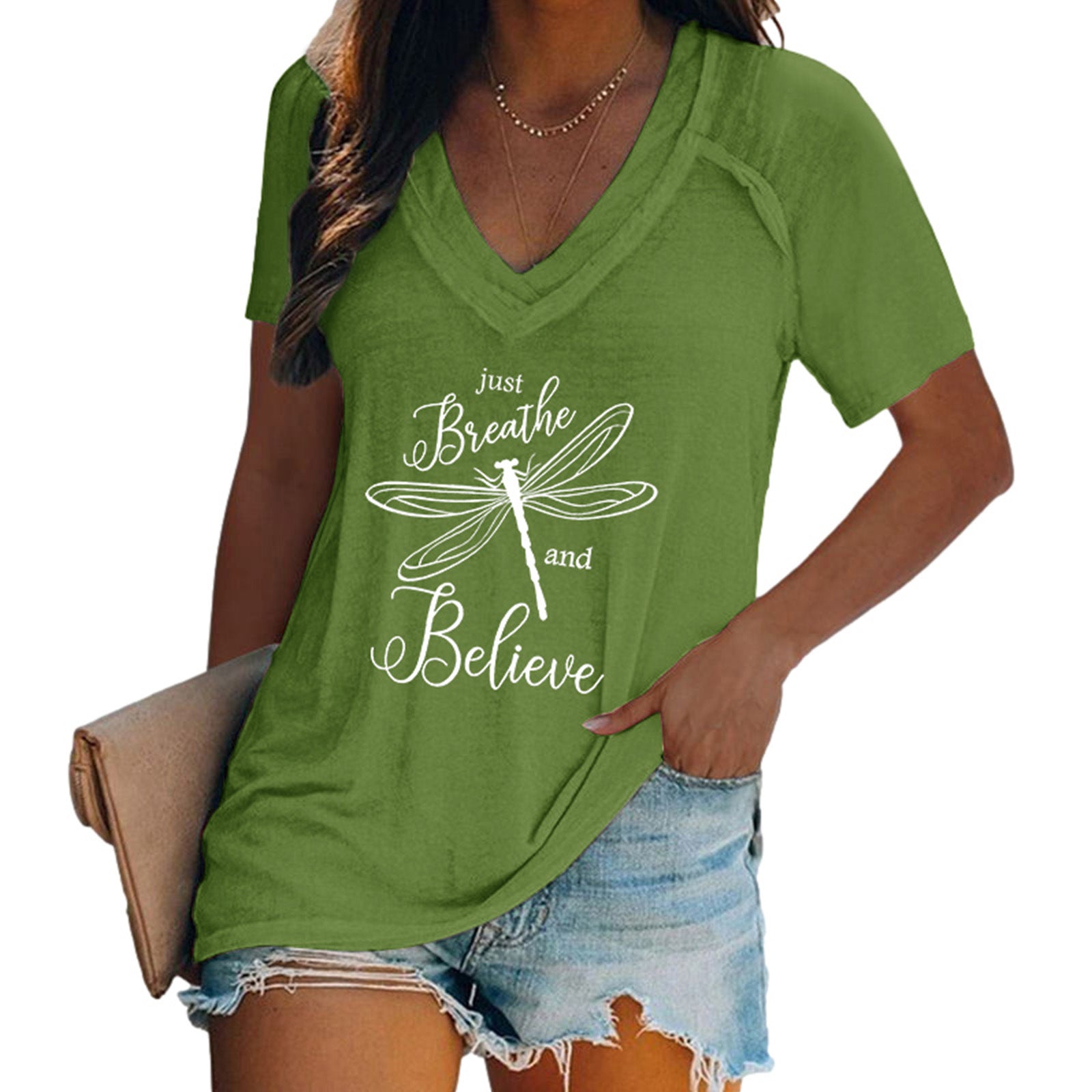 Women's Summer V-neck Short-sleeved Letter Dragonfly Printed Blouses