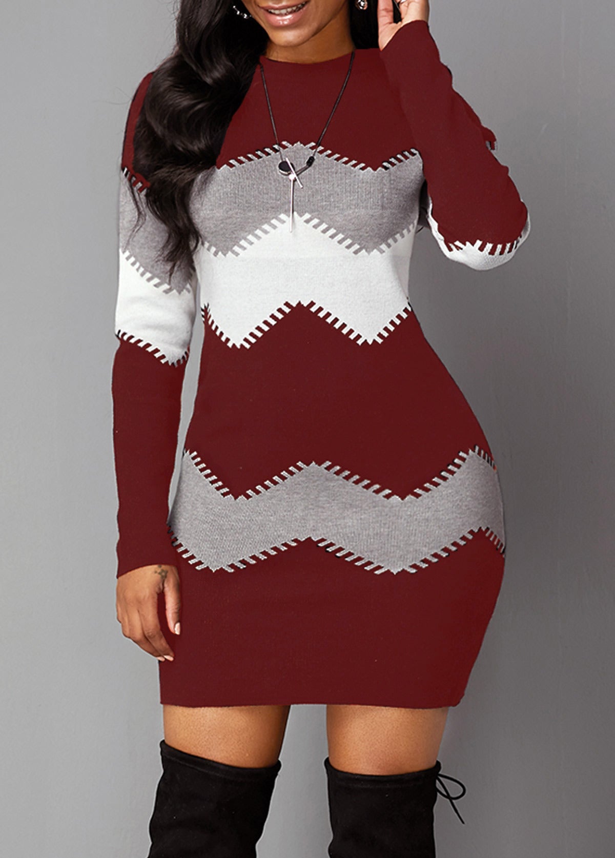 Women's Mid-length Round Neck Long Sleeve Printed Dresses