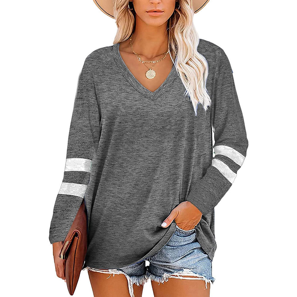 Women's Color V-neck Striped Stitching Long-sleeved Loose Blouses