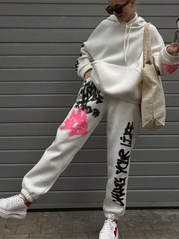 Women's Basic Street Graffiti Printing Hoodie Trousers Suits