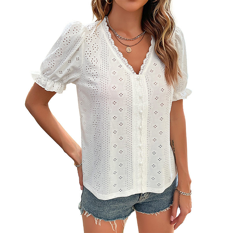 Women's Comfortable Summer Holiday Hollow-out Short-sleeved Shirts Blouses