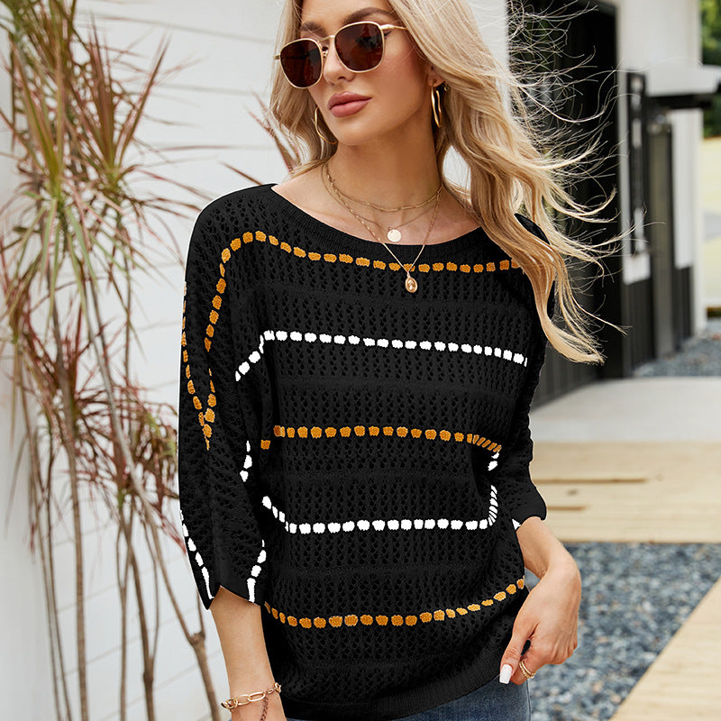 Women's Loose Temperament Striped 3/4 Sleeve Off-neck Sweaters