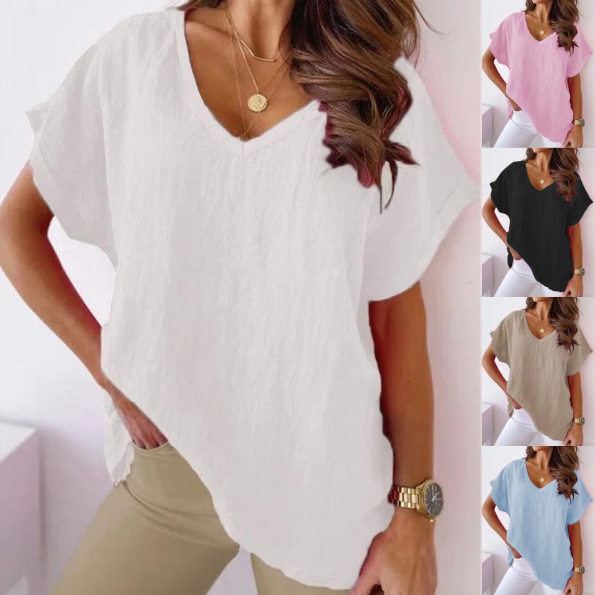 Women's Batwing Sleeve V-neck Solid Color Cotton Linen Shorts