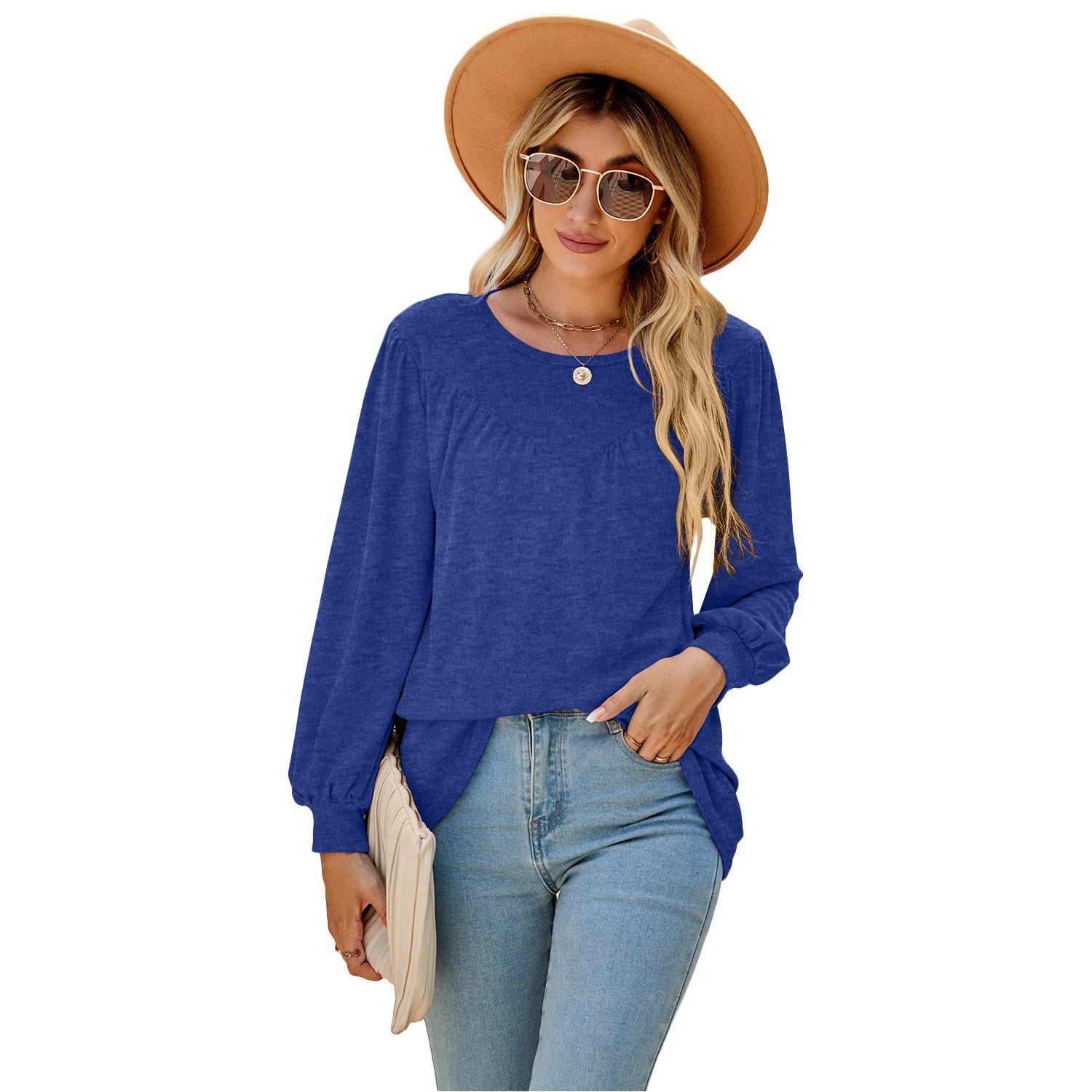 Women's Lantern Sleeve Loose Round Neck T-shirt Casual Blouses