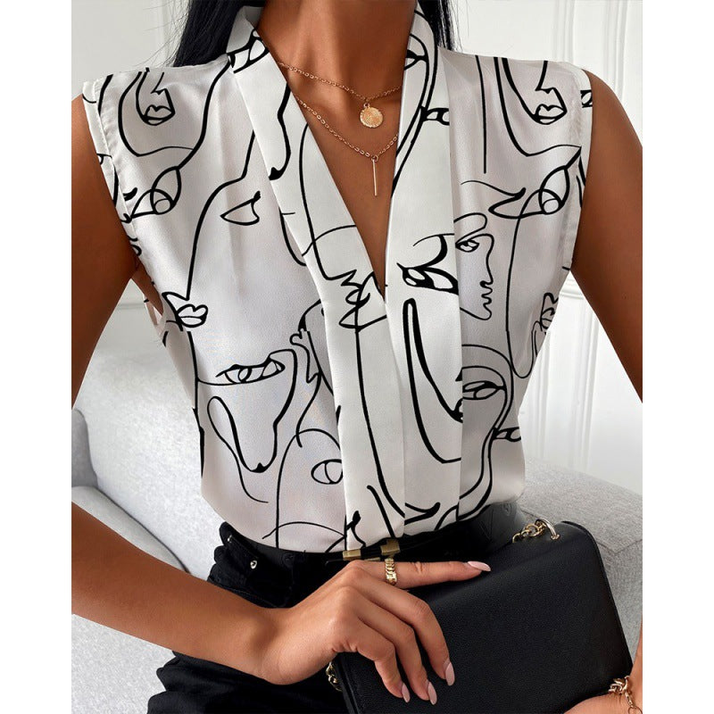 Women's Classic Creative Sleeveless V-neck Printed Blouses