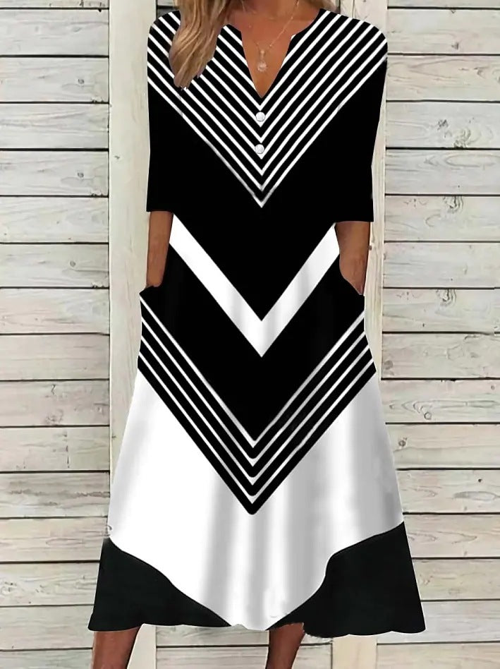 Women's Striped Half Sleeve Color-block V Neck Dresses