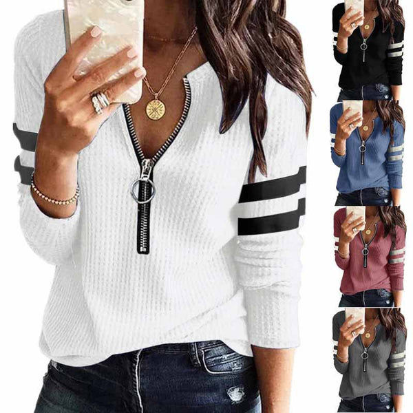 Women's Zipper V-neck Stitching Long Sleeve T-shirt Tops