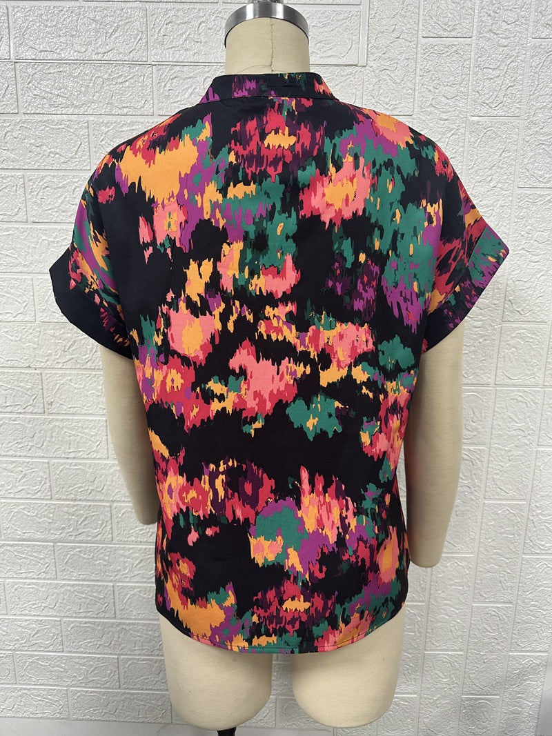 Women's Summer Painted Color Printing V-neck Short-sleeved Blouses