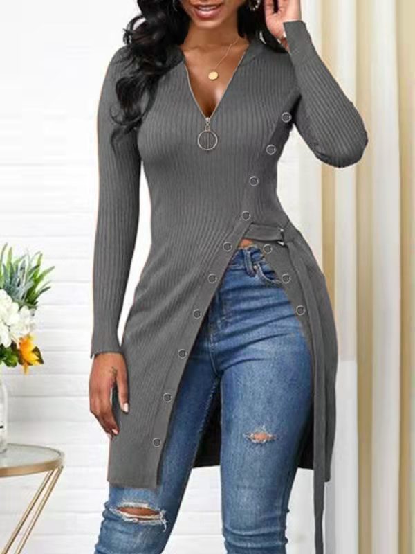 Women's V-neck Long Sleeve High Zipper T-shirt Blouses