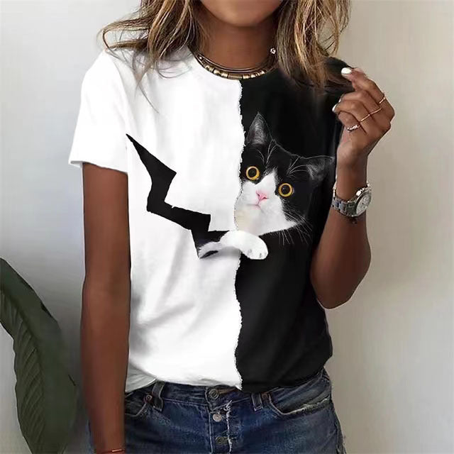 Women's Cat Print Round Neck Sleeve Blouses